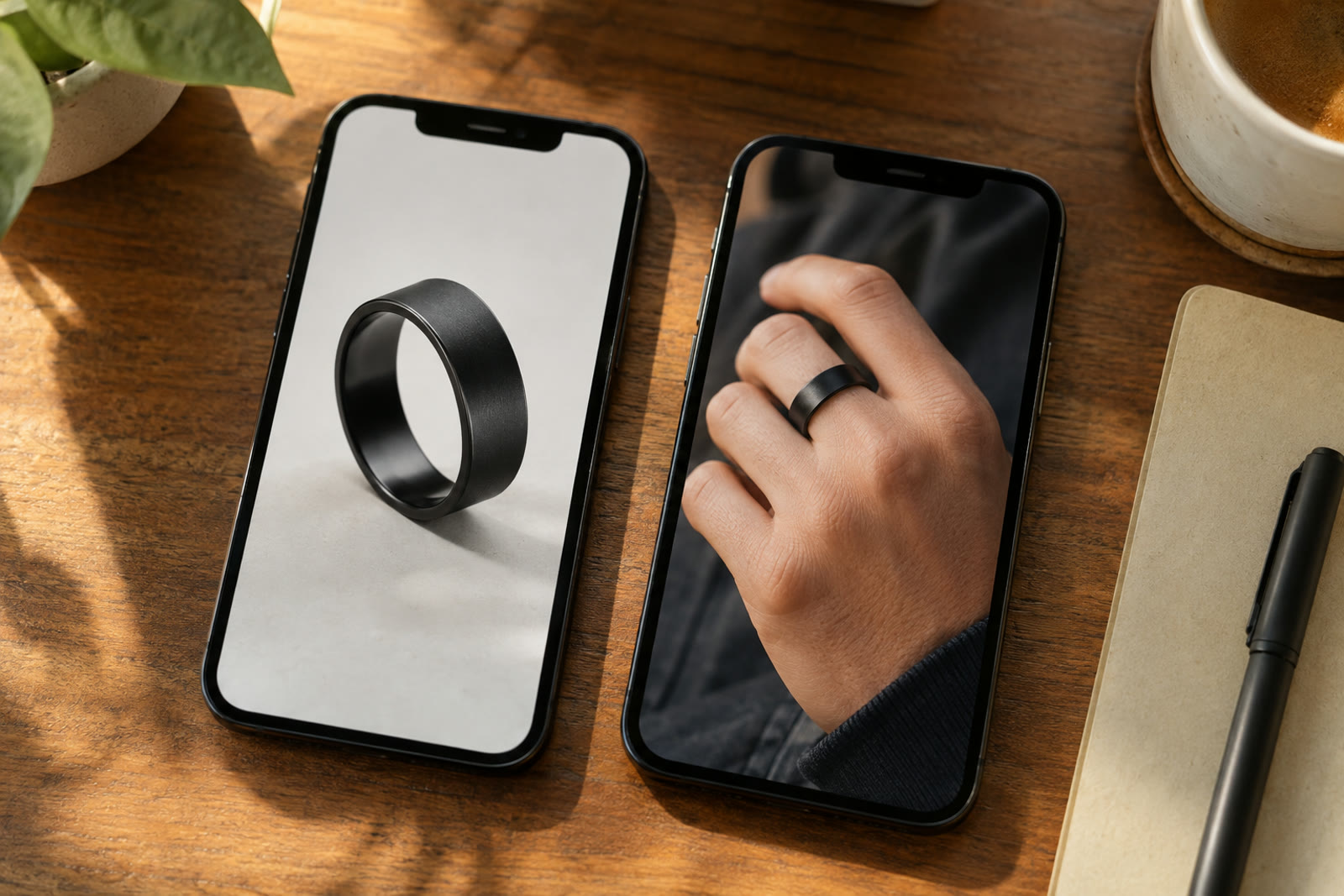 Two phone screens side by side on a desk: a real product photo on the left and an AI-drawn frame showing the same product on the right
