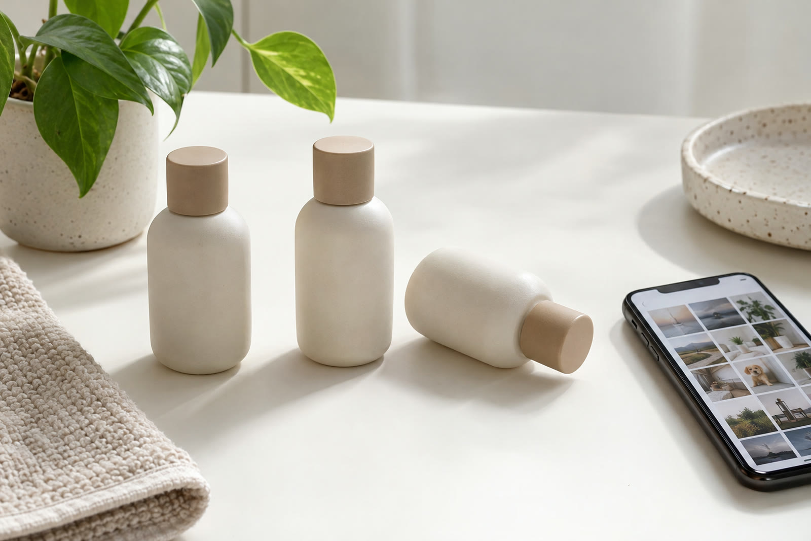 The same skincare bottle photographed from several angles on a white table next to a phone showing a grid of photos