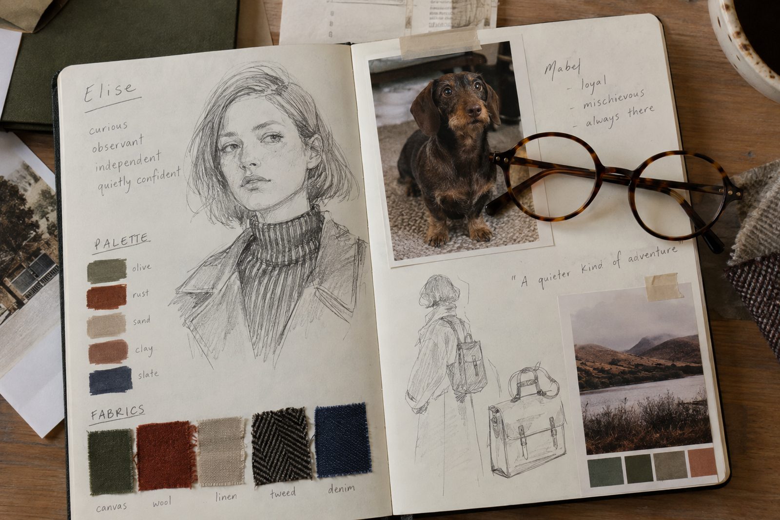 A character design notebook with sketches, colour swatches and a photo of a dachshund