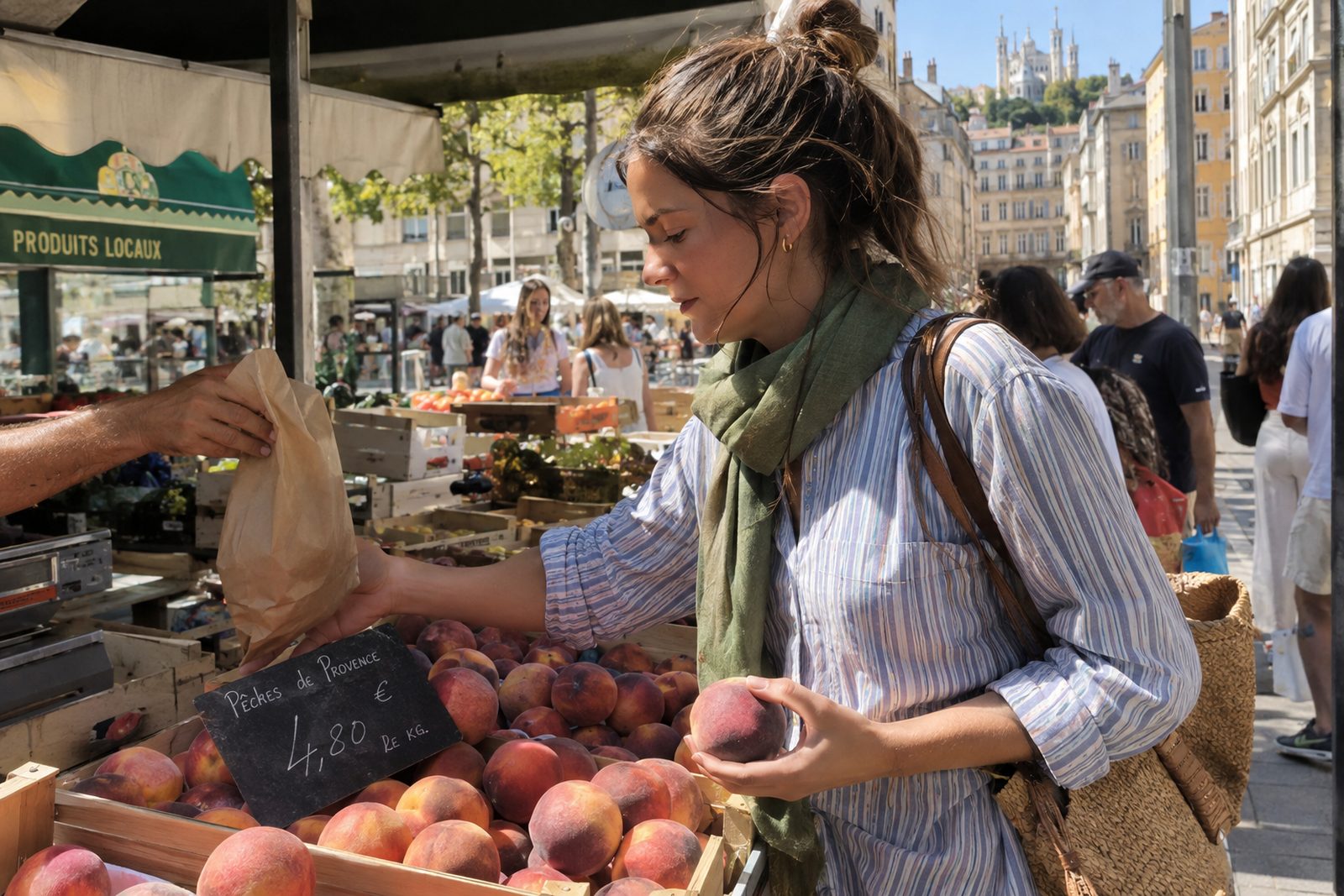 Candid AI-generated photo of a woman buying peaches at a street market