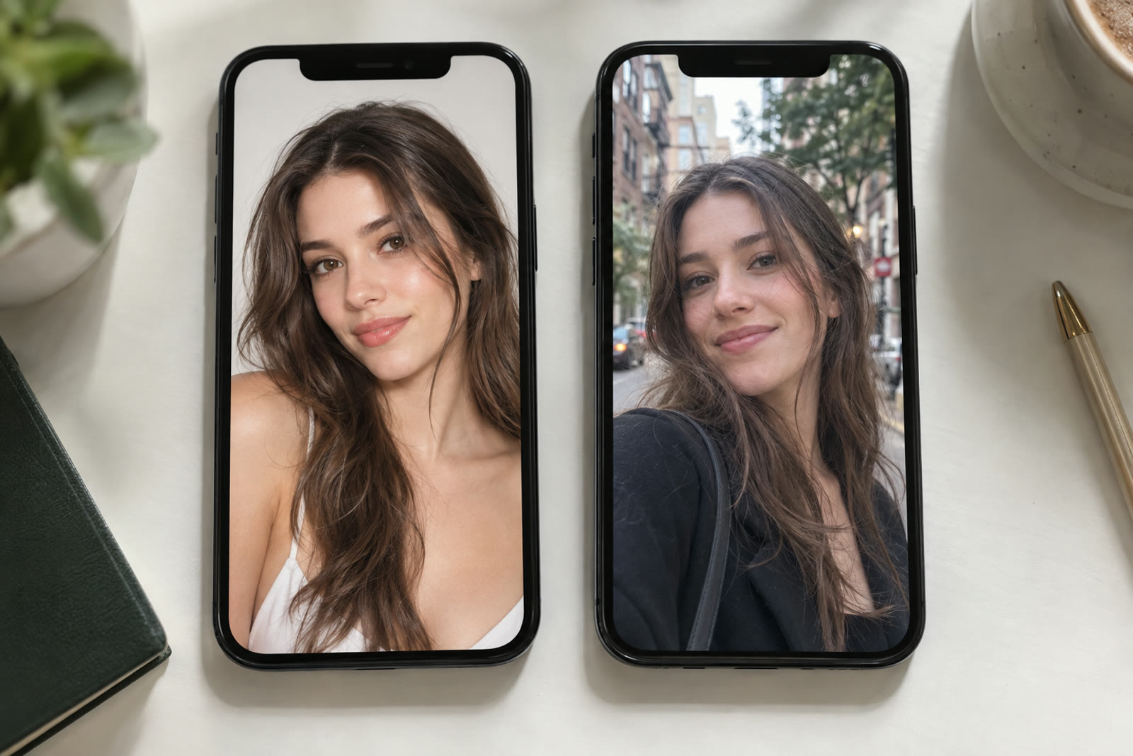 Two smartphone screens side by side, one showing an over-polished studio portrait and the other a casual daylight photo of the same woman