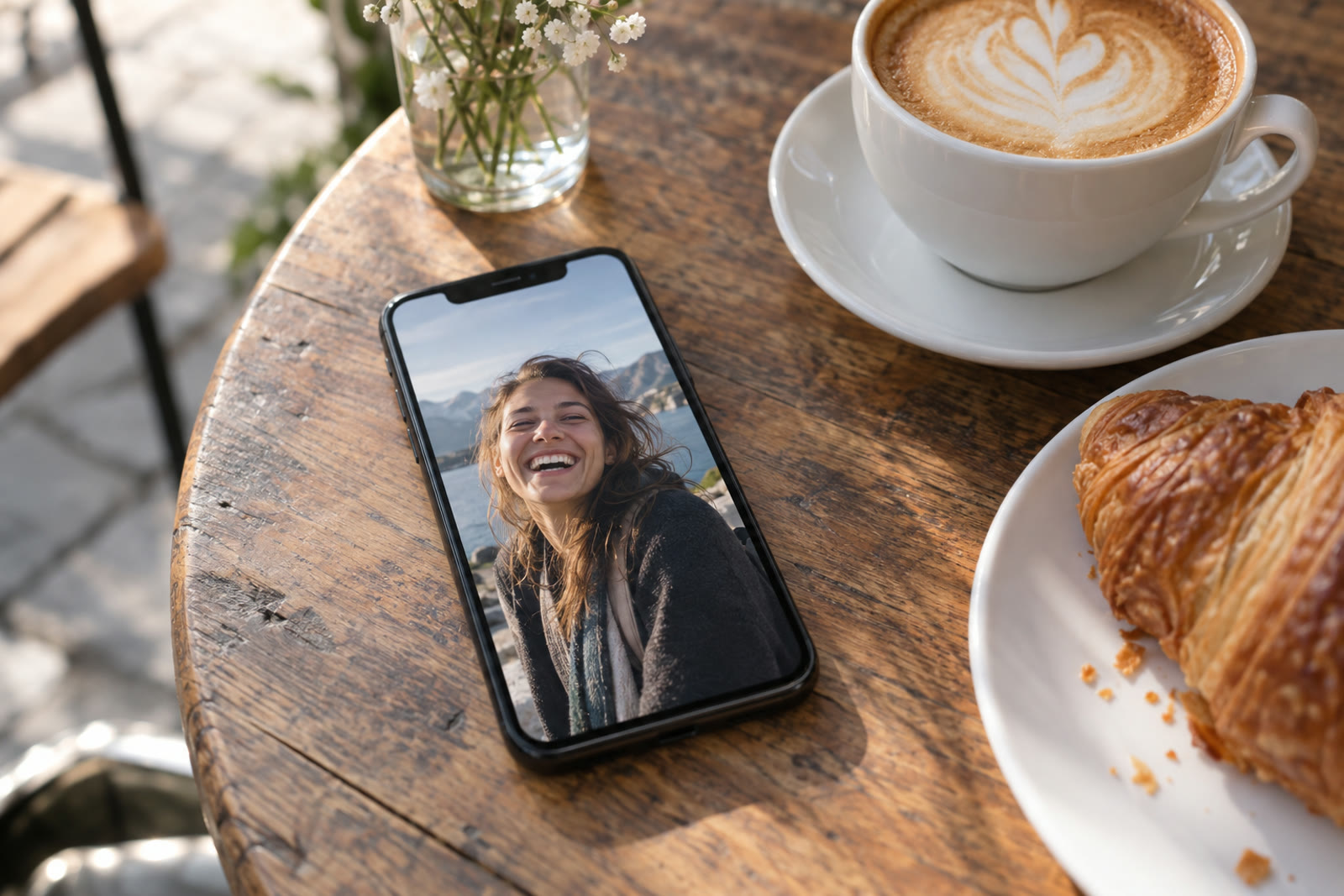 A smartphone on a cafe table showing a candid photo of a woman laughing, next to a coffee cup, in soft morning light