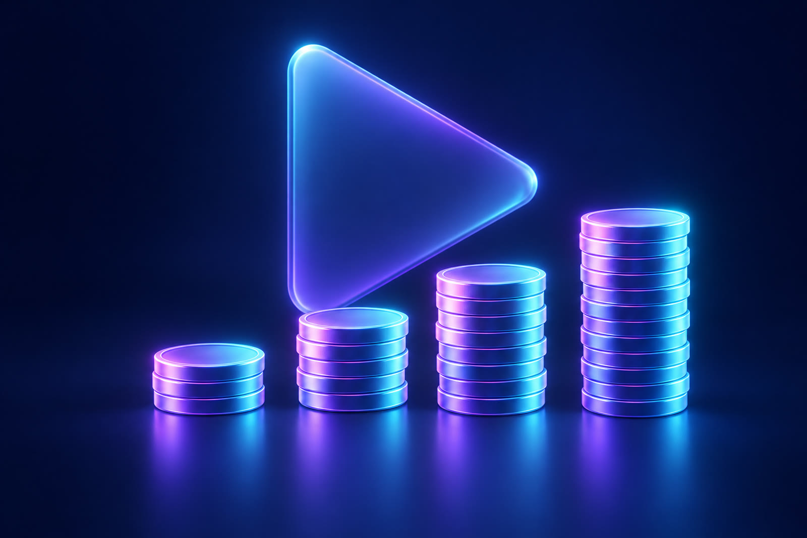 Illustration of four stacks of coins of increasing height in front of a play button, in violet and cyan