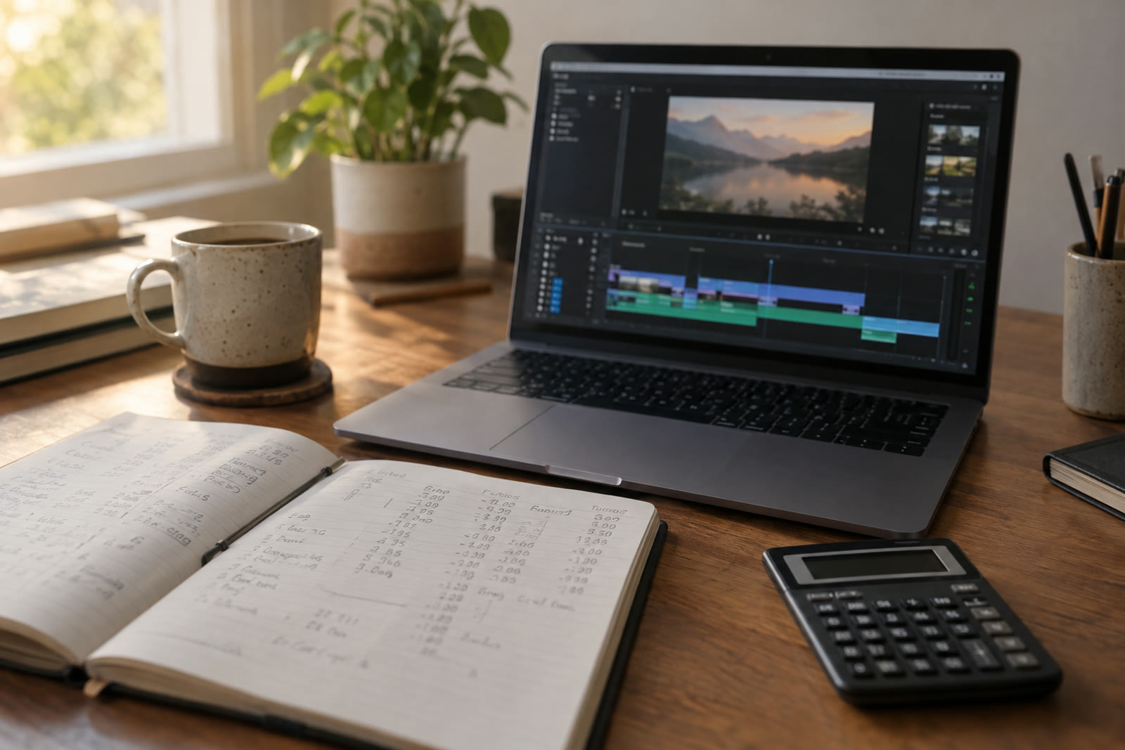 A laptop showing a video editing timeline next to a notebook with handwritten cost columns and a calculator