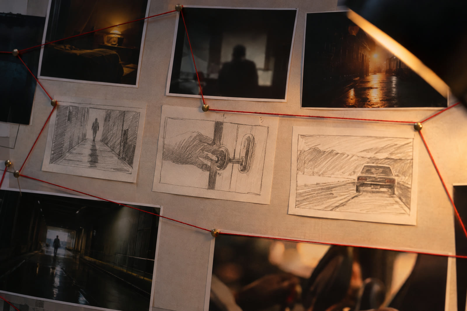 Small printed video stills pinned on a board, connected by red thread, with a few new sketches drawn between them