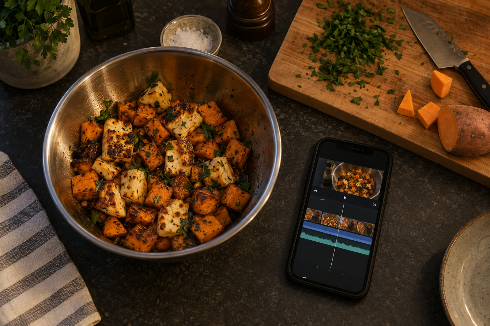 A cutting board with a steel bowl of roasted vegetables next to a phone showing a video timeline, seen from above