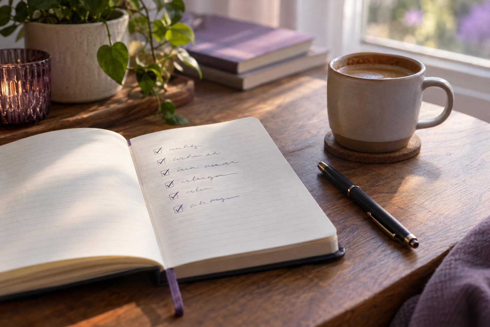 A notebook page with a short handwritten checklist of six ticked items next to a coffee cup
