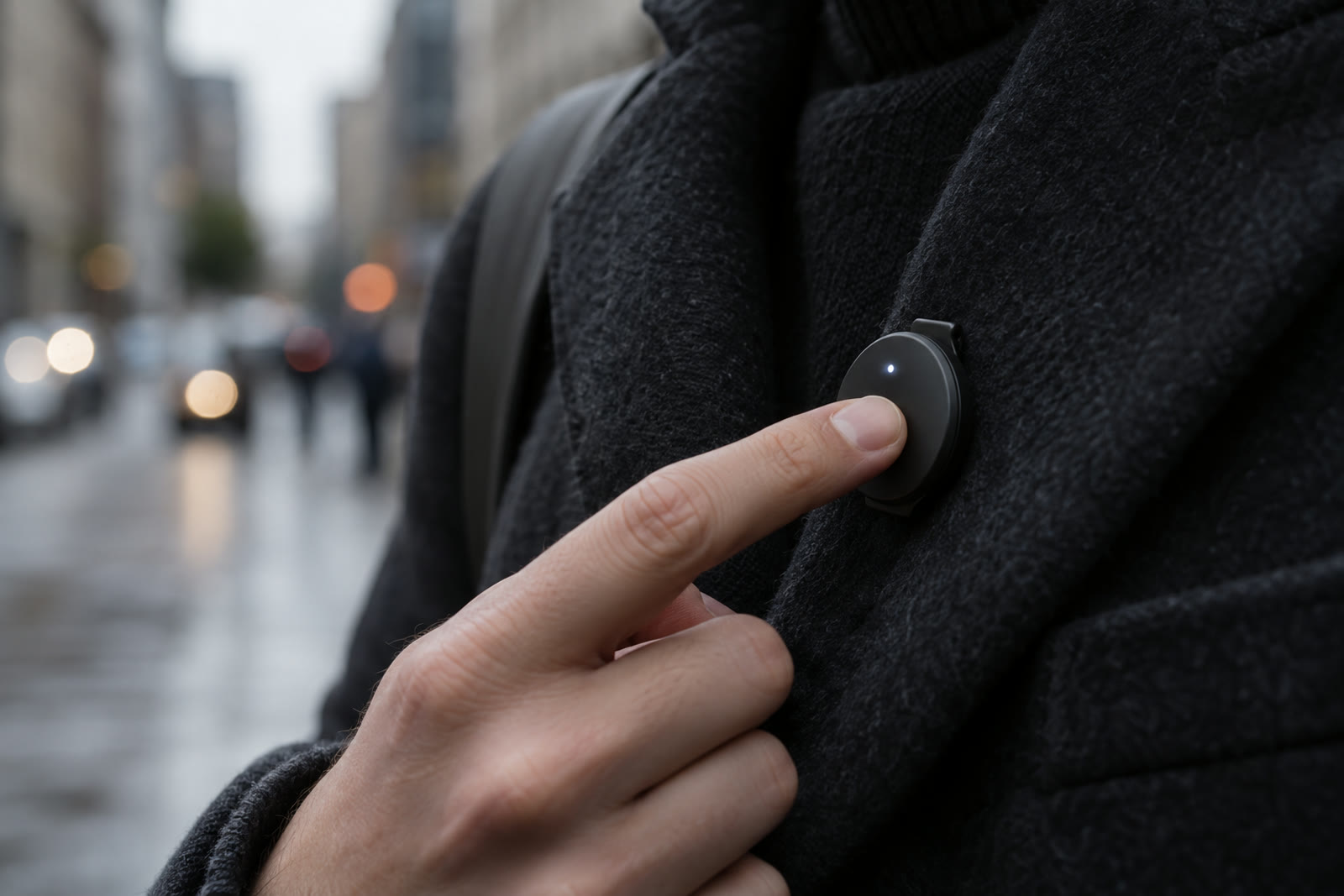 A fingertip pressing a small round device clipped to a dark wool coat on a city street