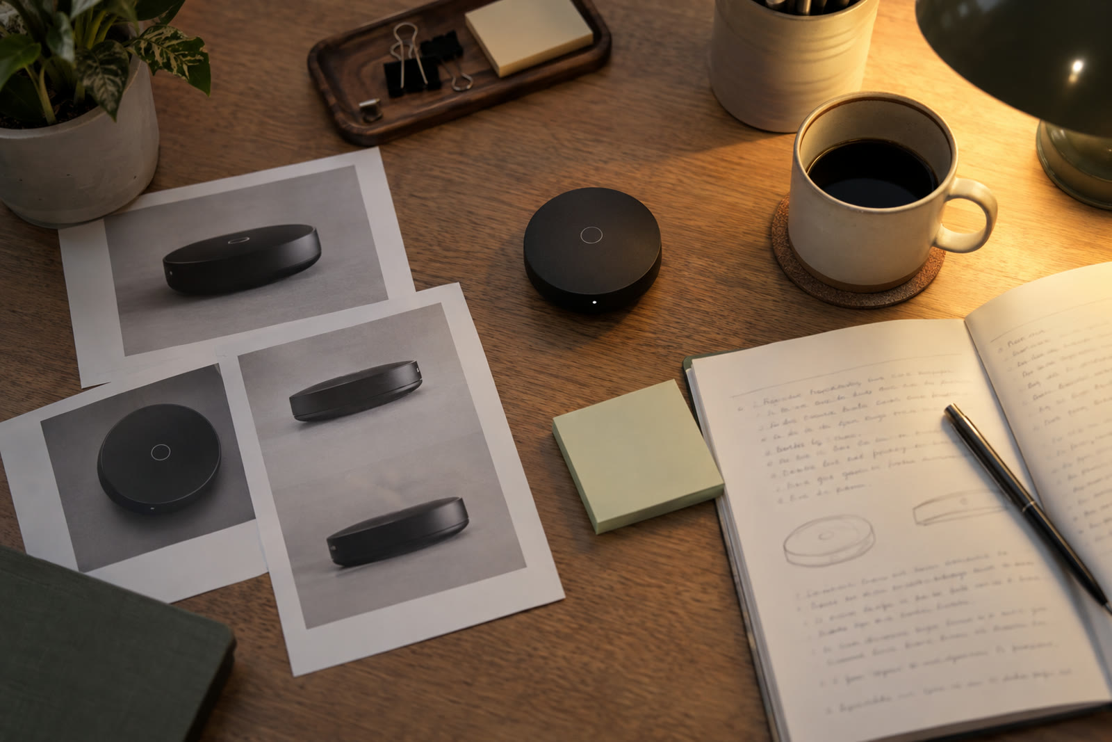 A desk with a small black gadget, printed product photos, a notebook of handwritten notes and a phone, seen from above