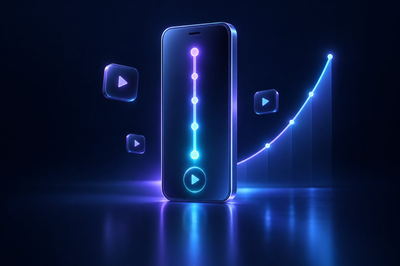 Illustration of a vertical video timeline with a rising line chart and small play icons glowing in violet and cyan