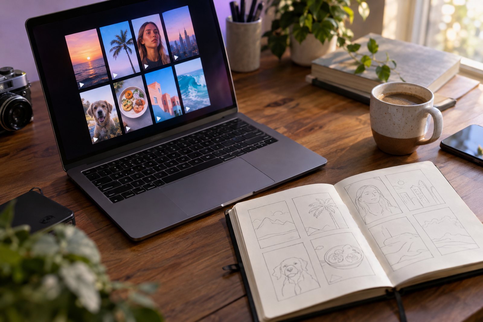 A creator's desk with a laptop showing a grid of vertical video thumbnails, a notebook and a coffee cup