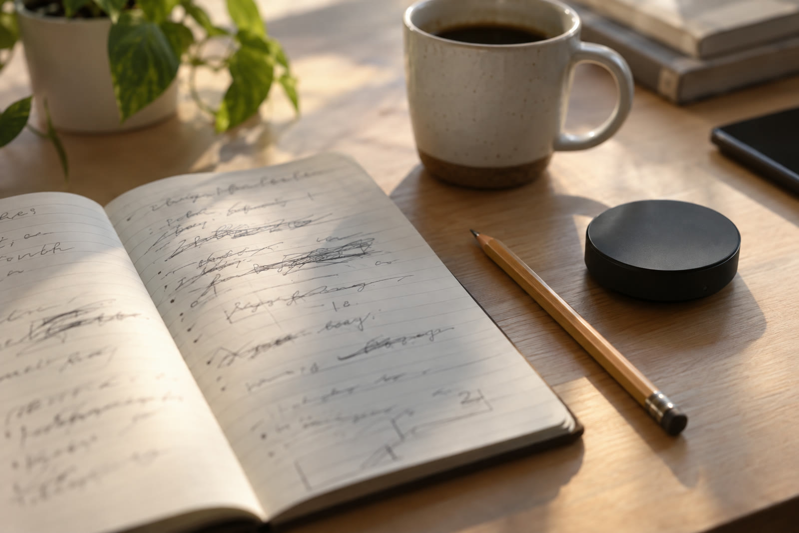 A notebook of crossed-out notes, a pencil, a coffee and a small black disc-shaped gadget on a desk
