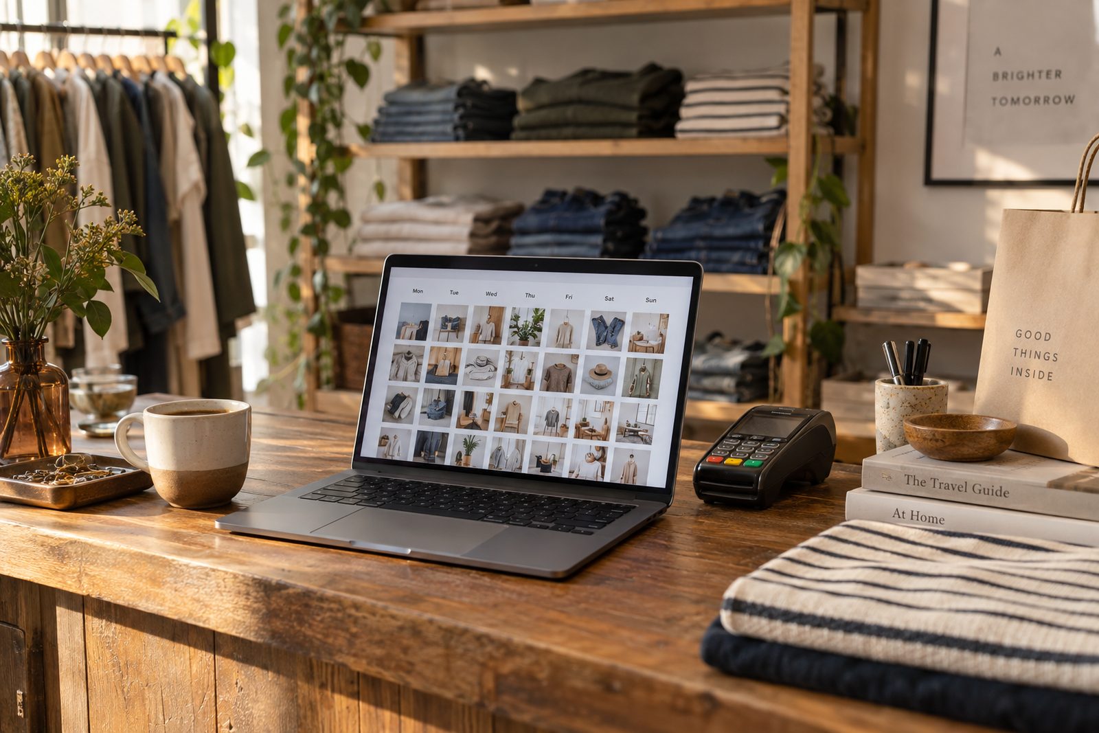 A shop owner reviewing a week of planned posts on a laptop behind the counter