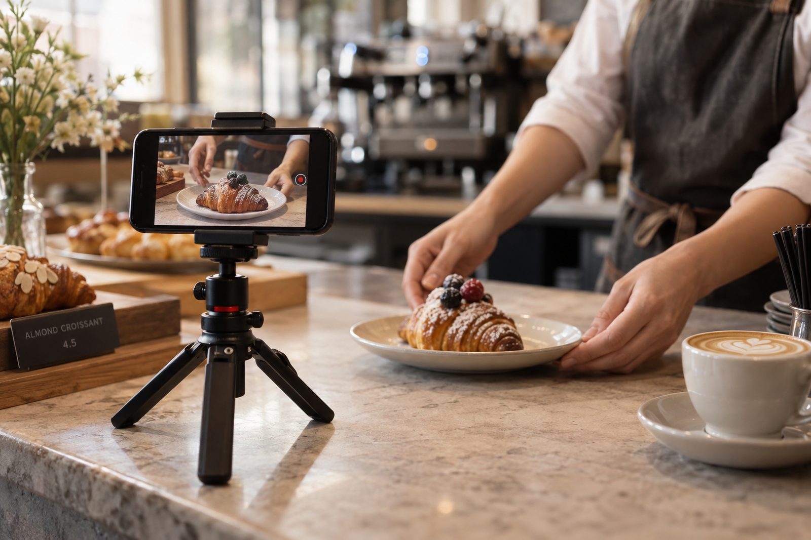 A café counter with a phone on a small tripod filming a pastry being plated