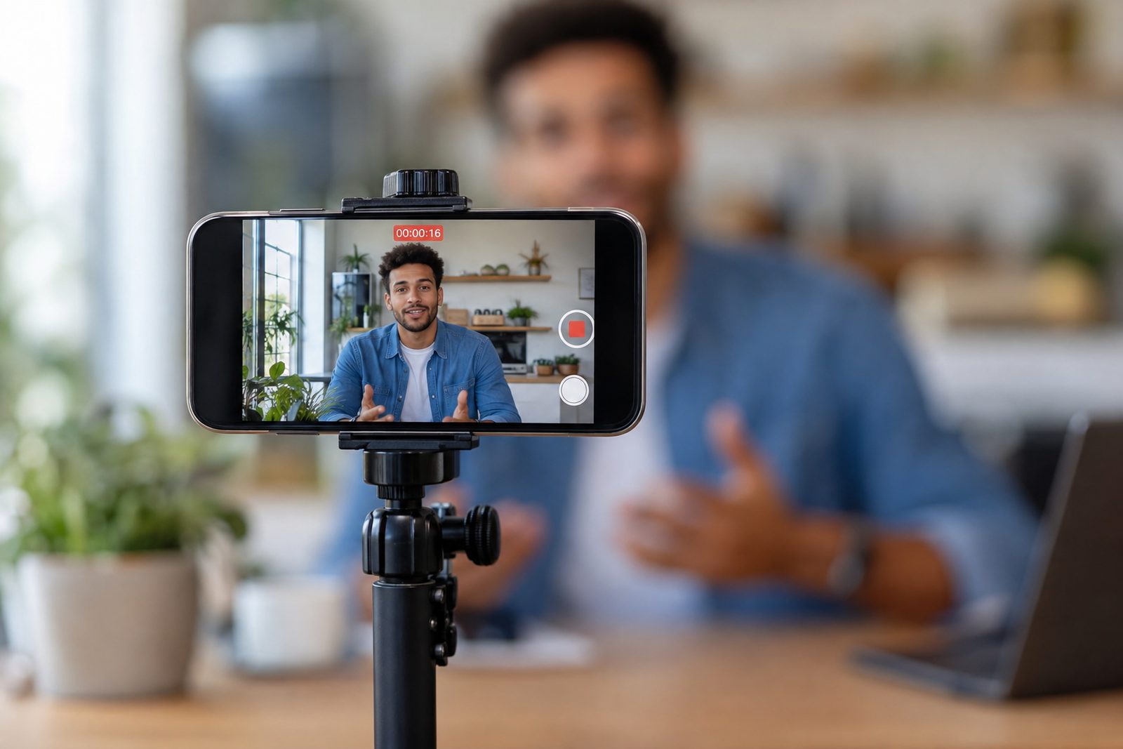 A phone on a tripod filming a creator talking to camera in a kitchen
