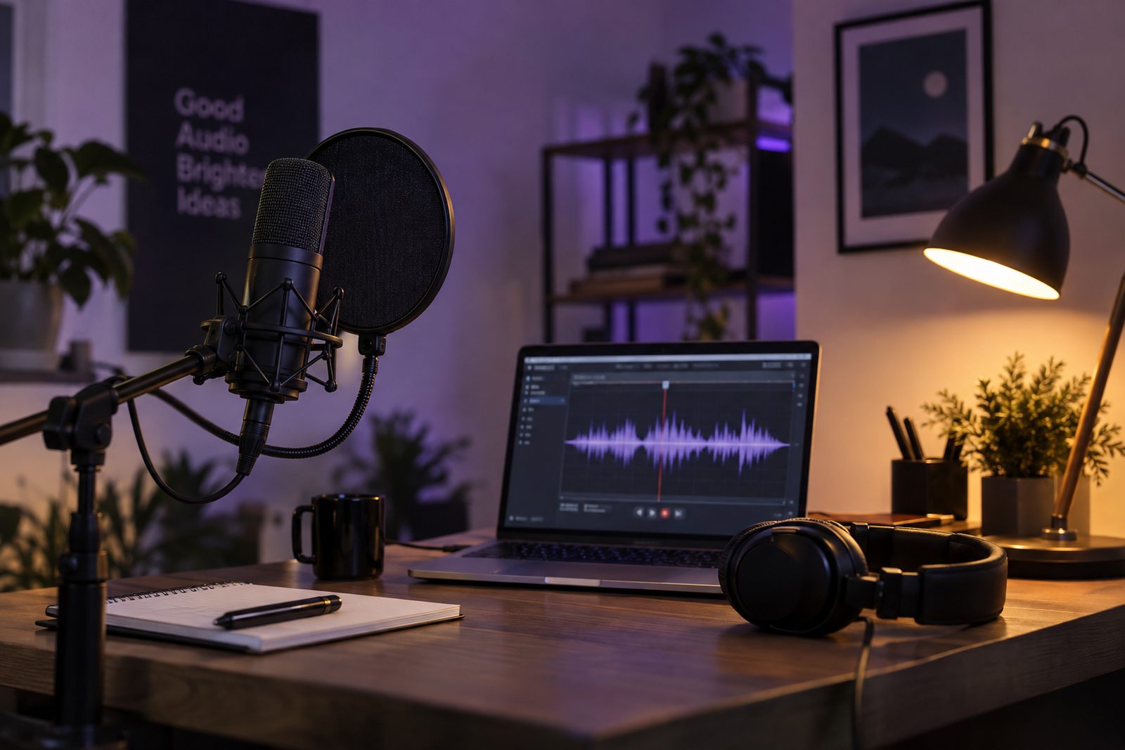 A small home recording setup with a microphone and headphones