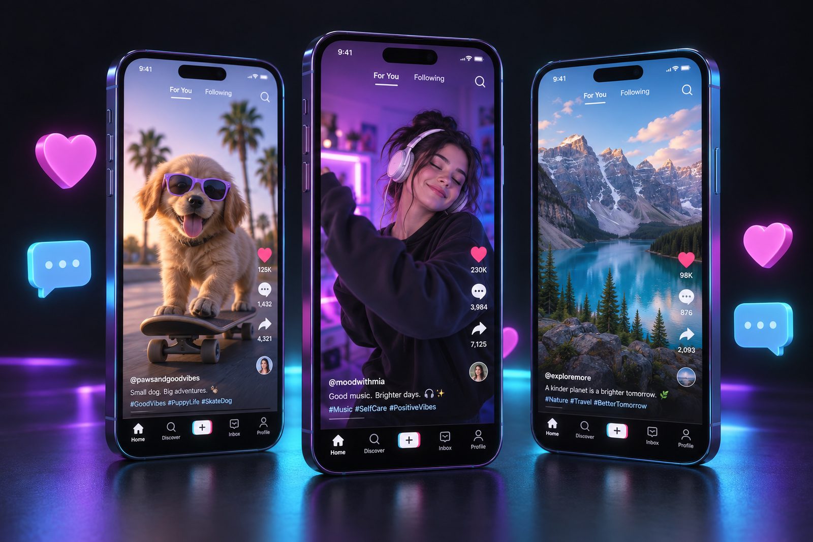 Three smartphones showing vertical short videos with heart and comment icons