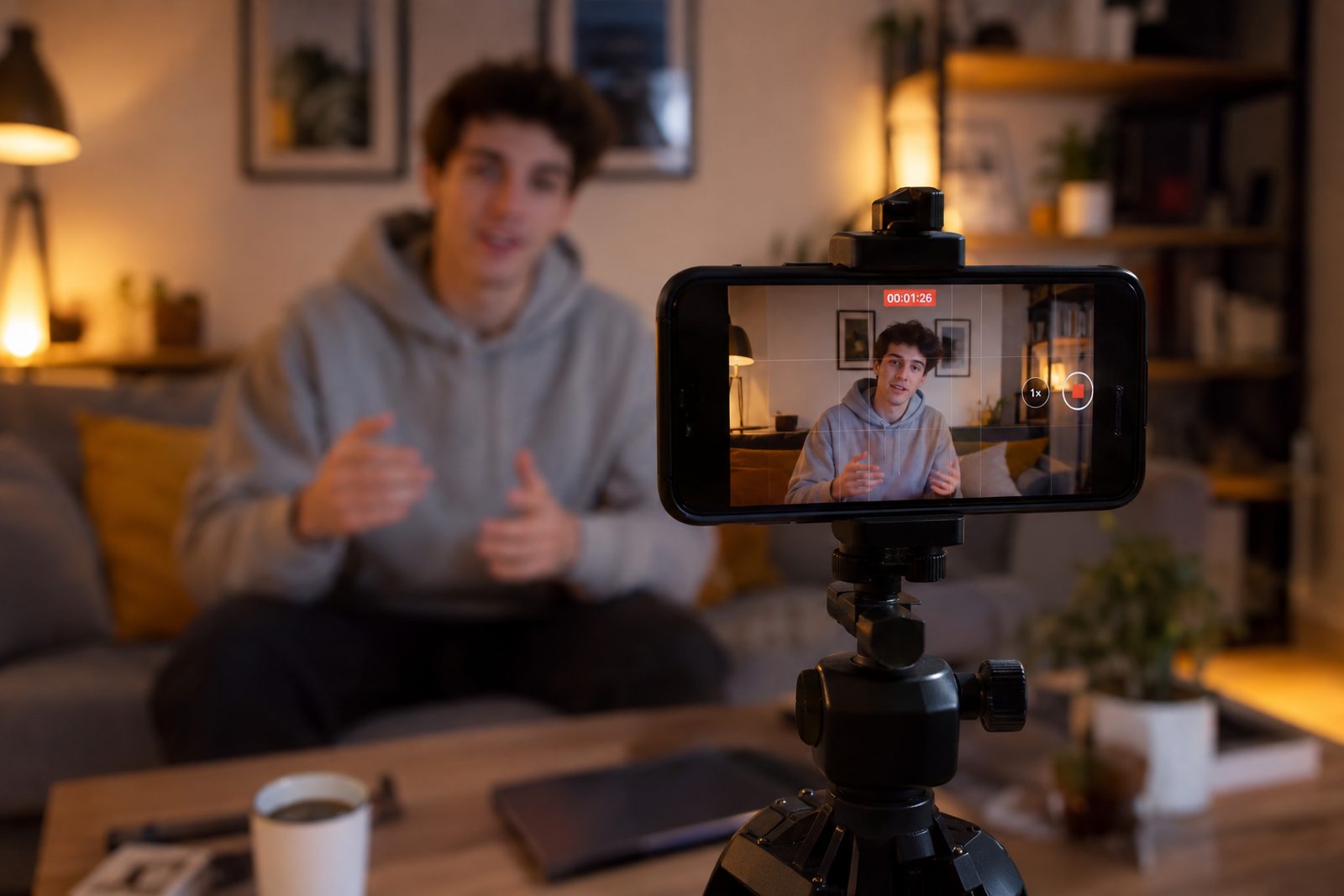 A phone on a tripod filming a creator talking to camera in a living room