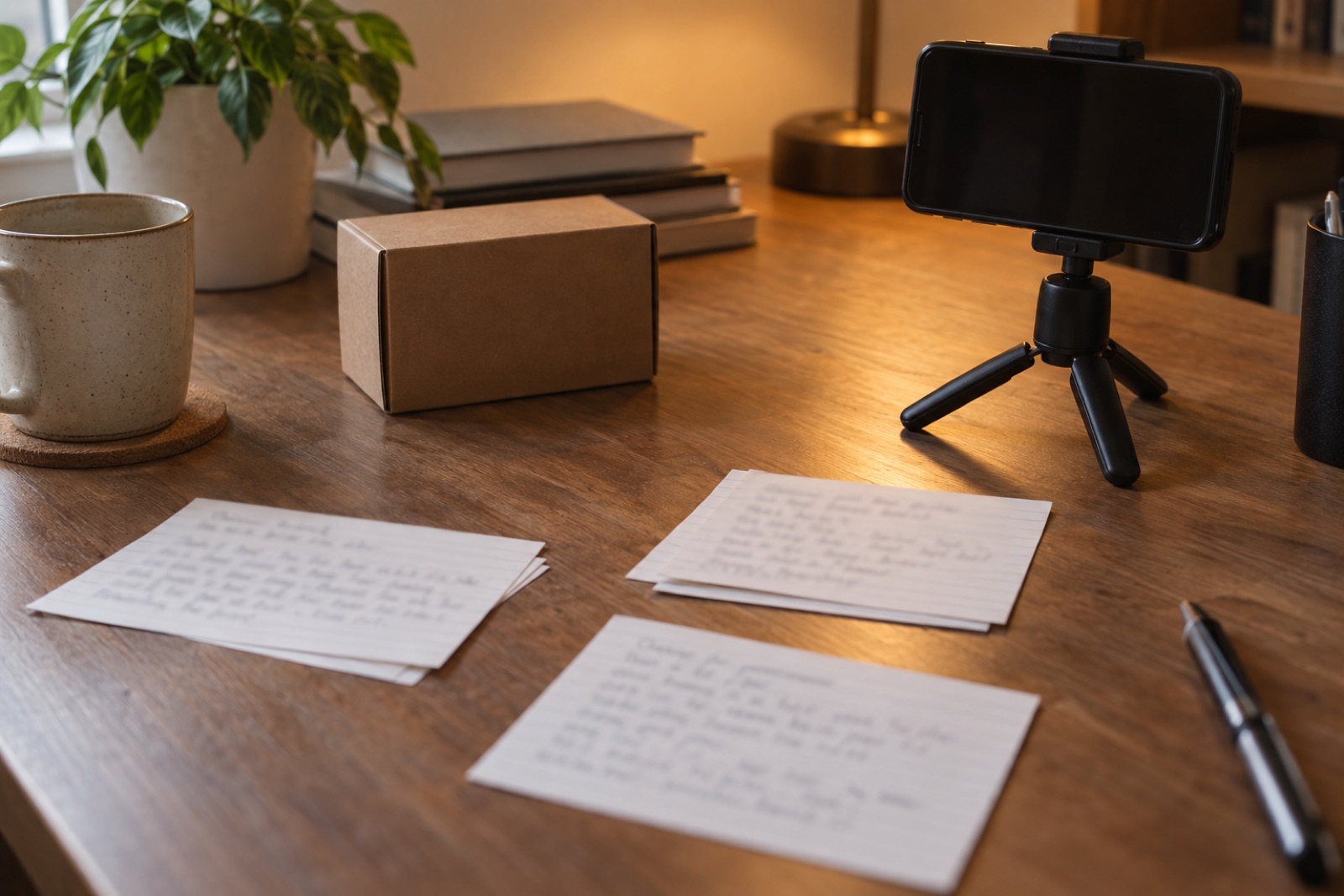 Index cards on a desk with a phone on a tripod and a small product box, warm light, handwriting blurred and unreadable
