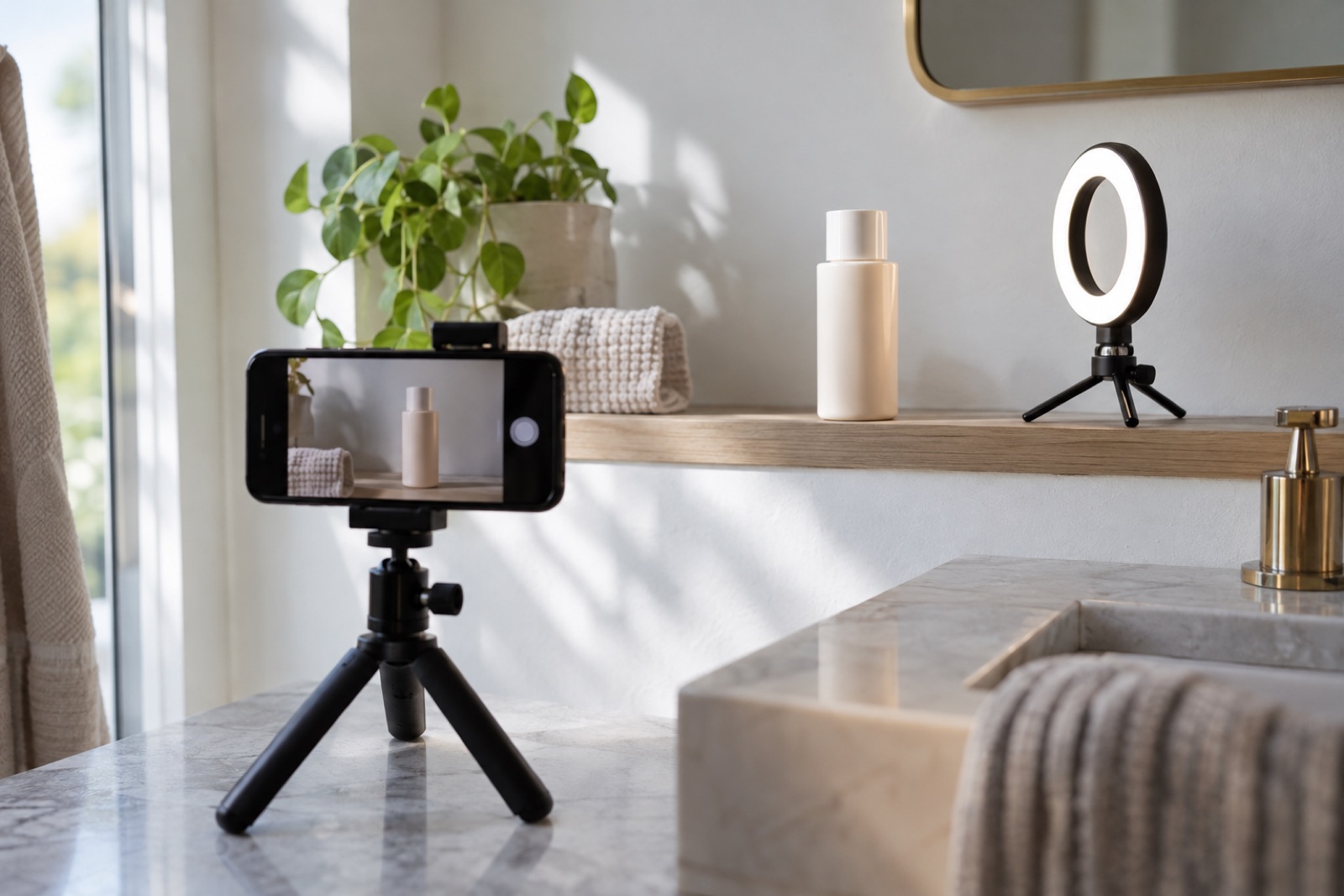 A phone on a small tripod filming a skincare bottle and a ring light on a bathroom shelf, soft daylight
