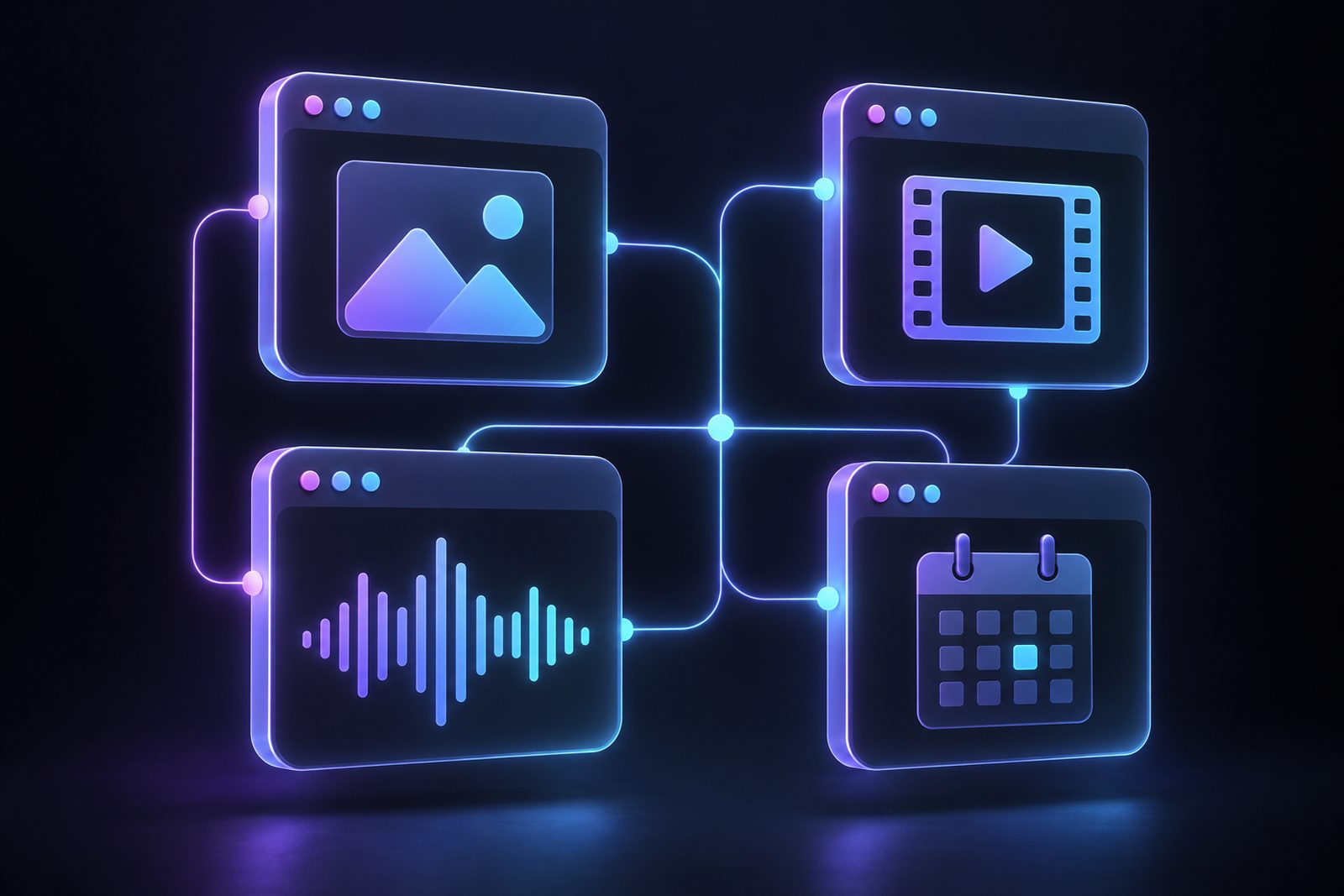 Illustration of separate app windows for images, video and voice connected by lines