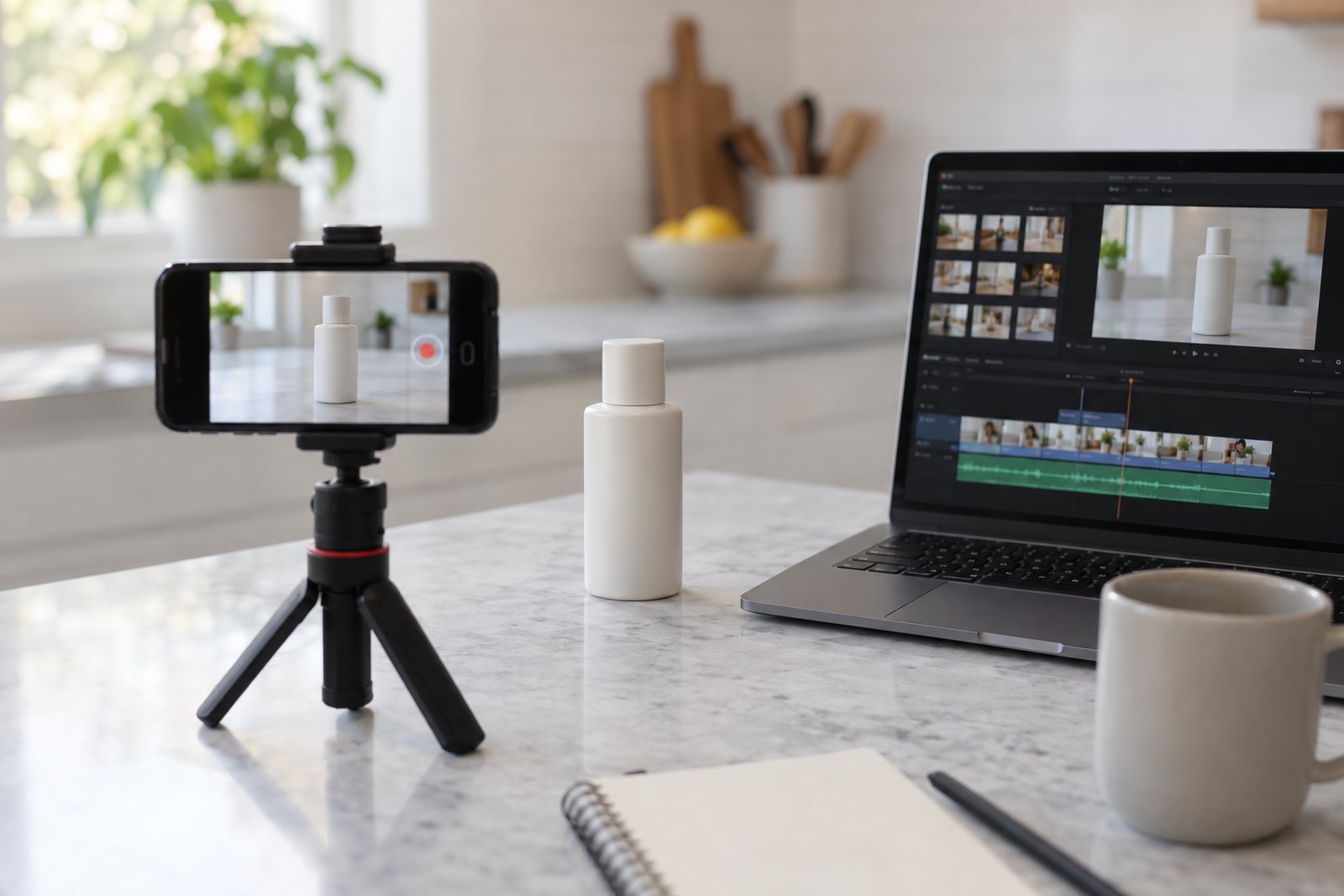 A phone on a small tripod filming a product on a kitchen counter next to a laptop showing a video editor