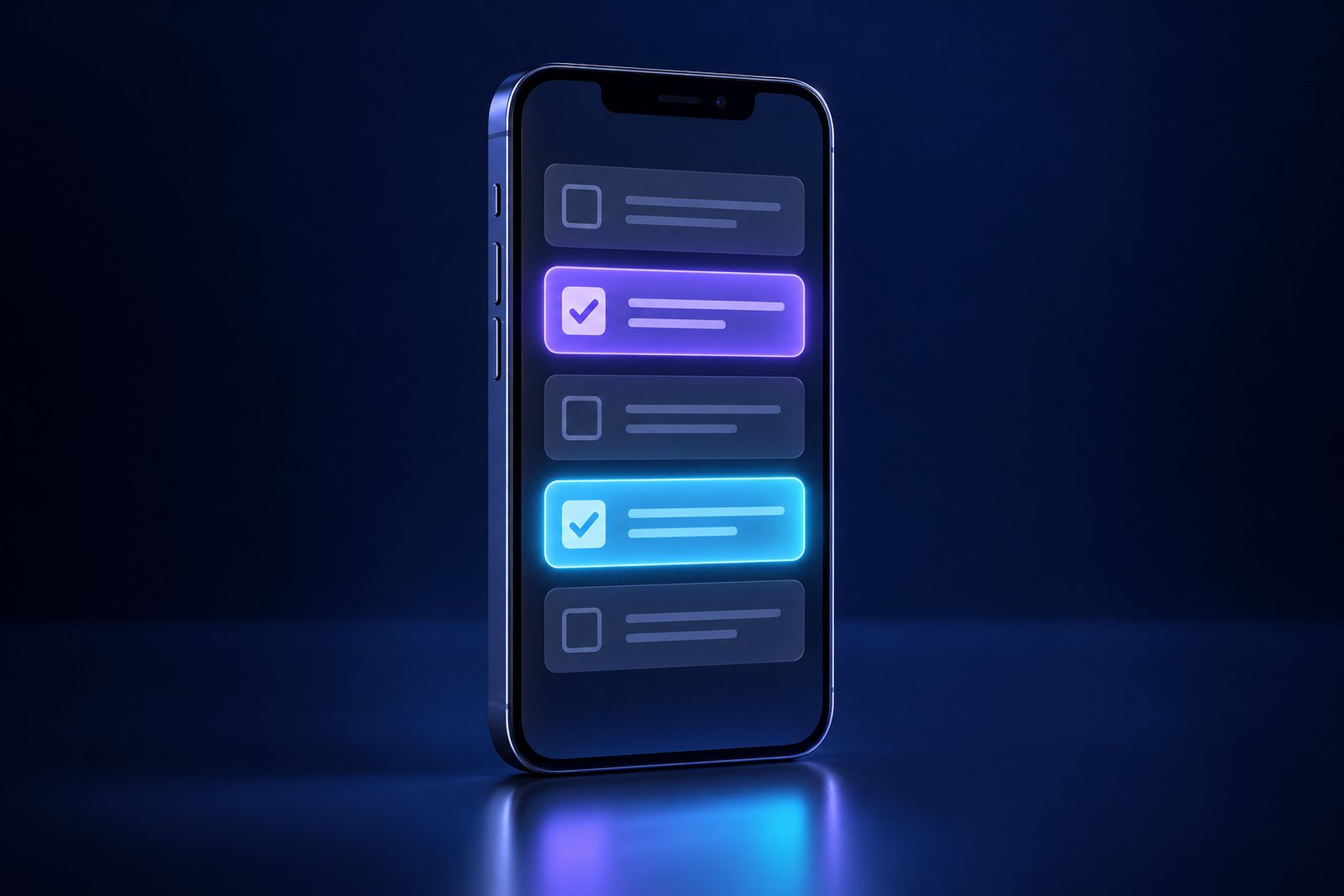 Illustration of a checklist on a phone screen with two highlighted paths in violet and cyan