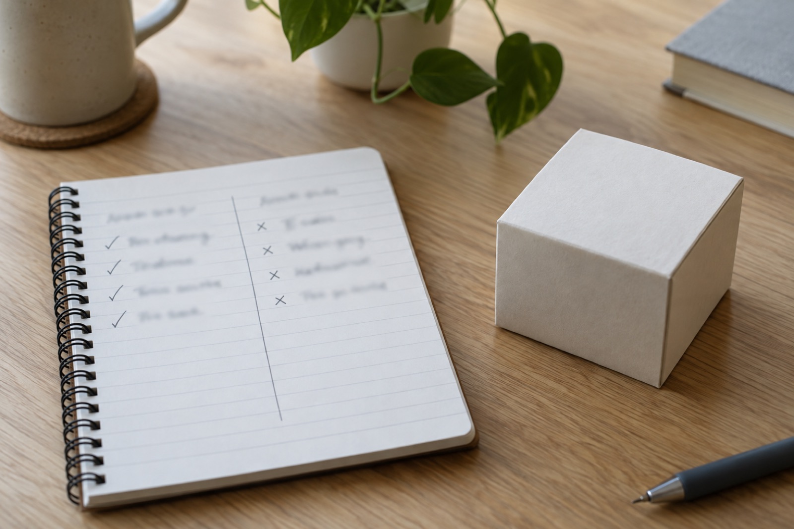 Two short handwritten lists on a notepad, one marked with ticks and one with crosses, next to a product box, handwriting blurred and unreadable
