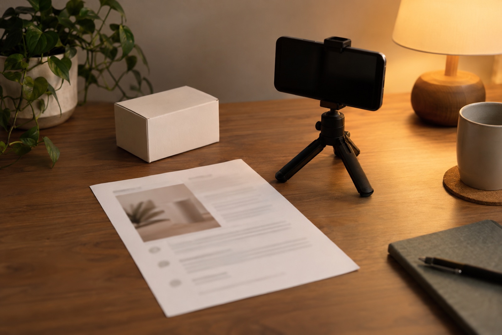 A one-page printed brief on a desk next to a small product box and a phone on a tripod, warm light, text blurred and unreadable