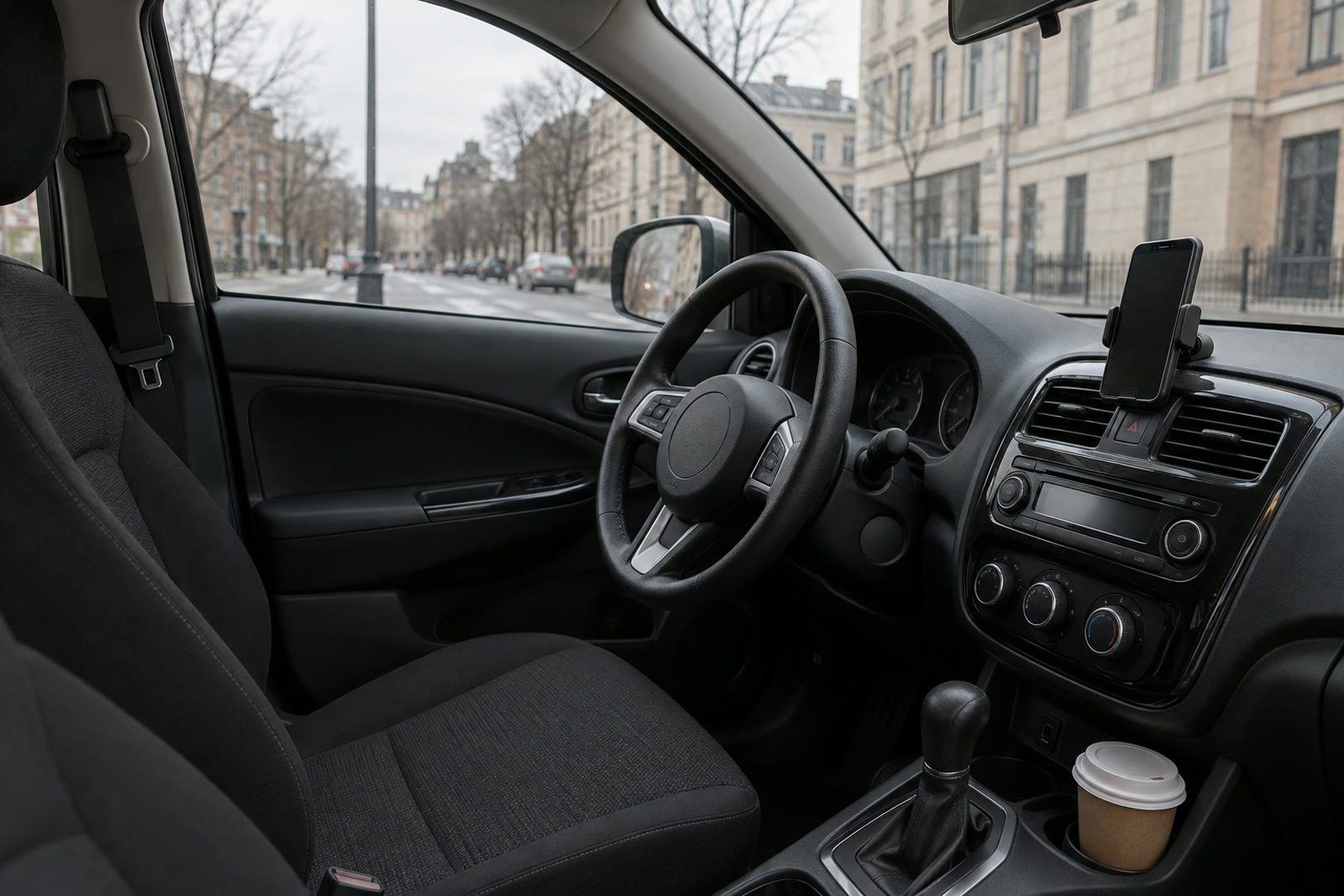 A phone in a dashboard mount in a parked car, a coffee cup in the cup holder, an overcast street outside