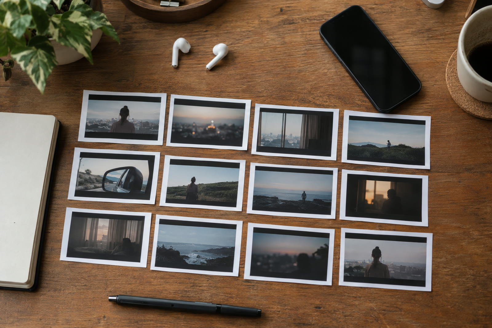 A desk with rows of small printed video frames, a phone and a pair of earbuds, seen from above