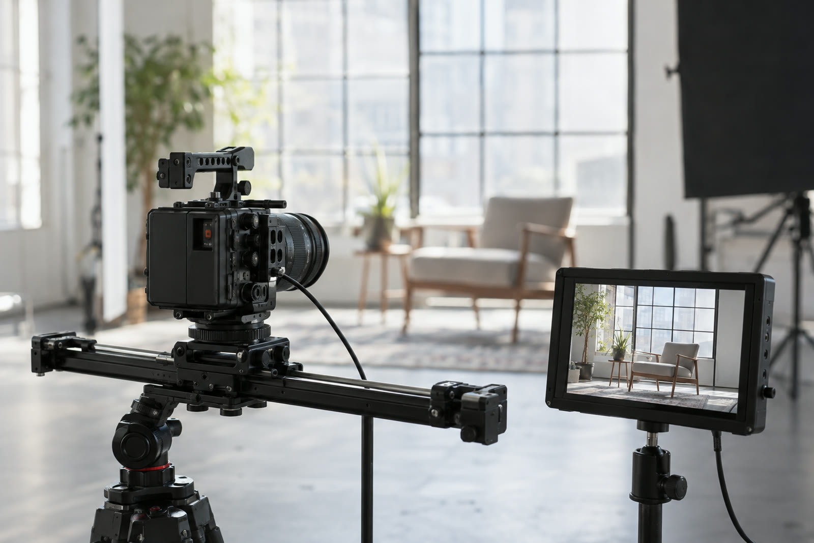 A video camera on a slider rail next to a monitor showing a framed medium shot, in a bright studio