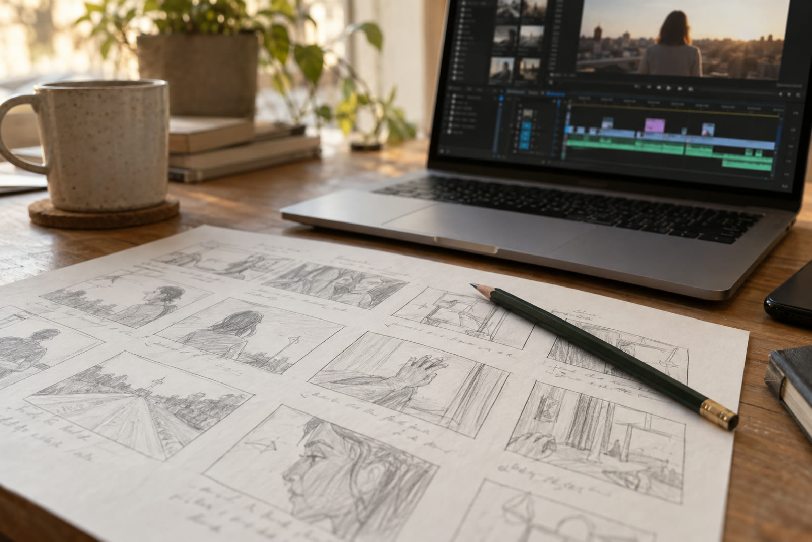 A storyboard sheet with small sketched frames next to a laptop showing a video editing timeline, on a desk