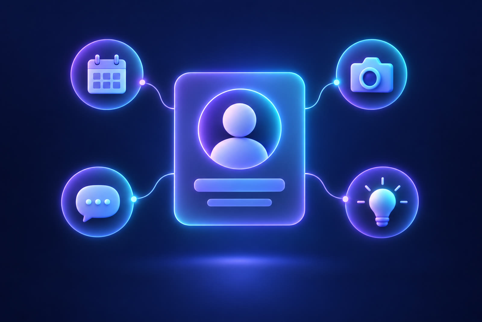 An illustration of a profile card in the centre with small icons around it for planning, camera, chat and calendar, in violet and cyan