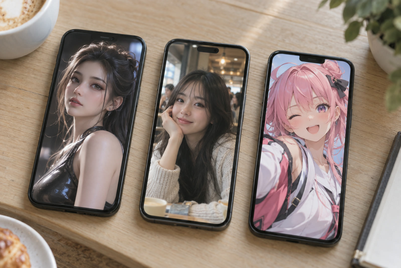 Three phones on a table showing a stylised 3D character, a photoreal portrait and an anime-style avatar