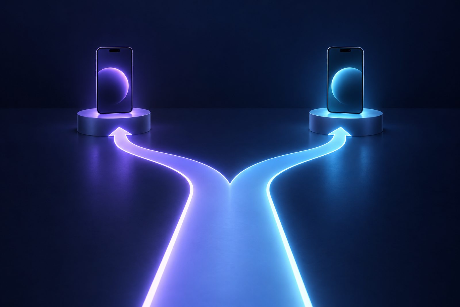 Illustration of a path splitting in two directions with a phone at each end