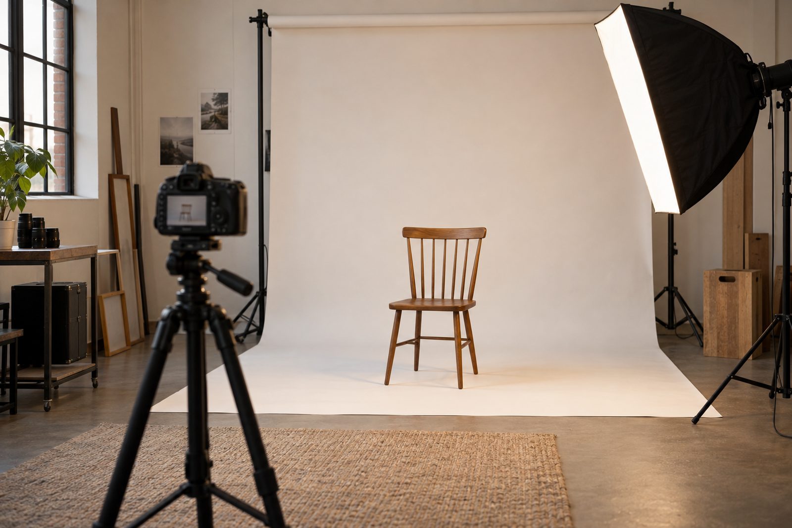 A photographer's studio with lights and a camera on a tripod
