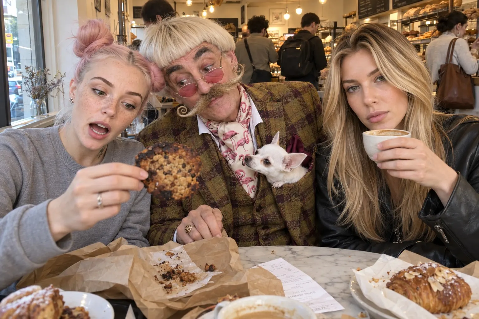 Hailey holds up a burnt cookie in a busy bakery while Gaston eyes it suspiciously and Nika sips a flat white